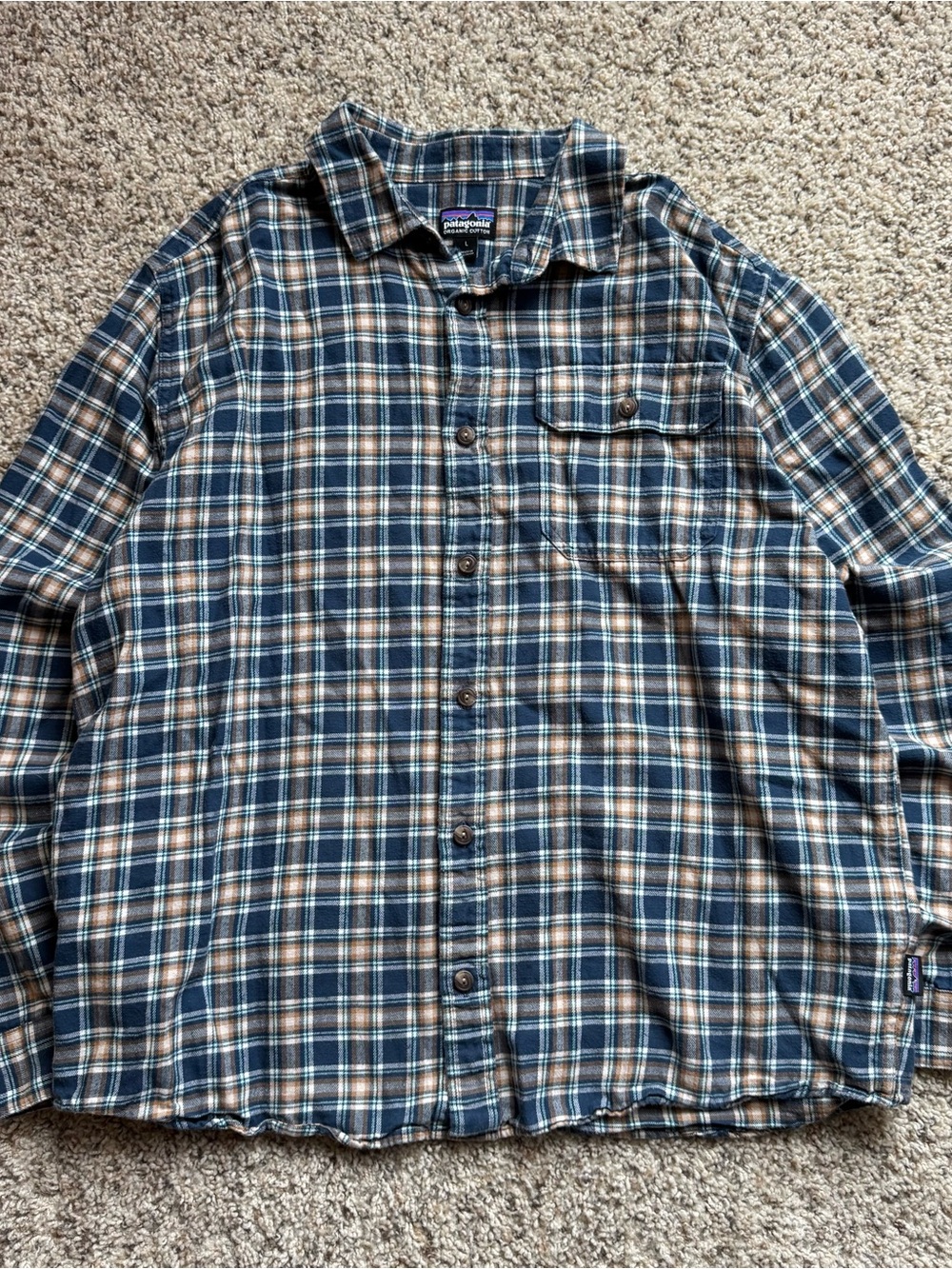 Patagonia Organic Cotton Flannel Shirt Men’s L Plaid Blue Brown Button Up